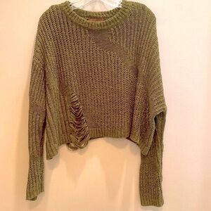 Kerisma Victoria Slouchy Crop Knit Sweater Distressing Olive Army Green Size S/M